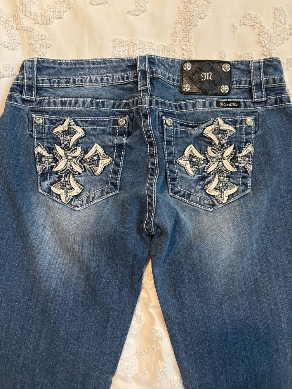 Miss Me Blue Boot Cut Jeans with Embroidered Crystal Back Pockets